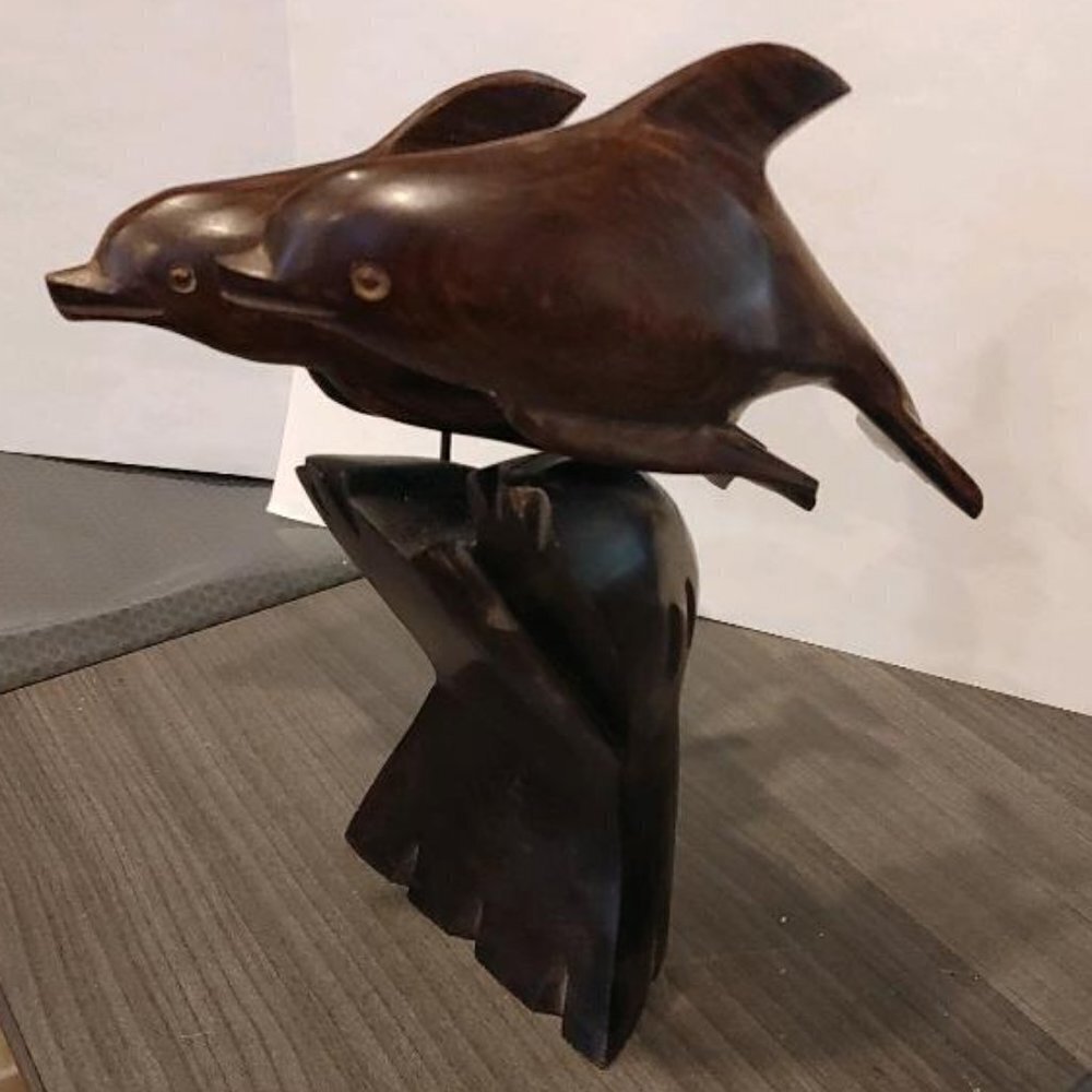 Dolphin School Riding Waves Ironwood Sculpture